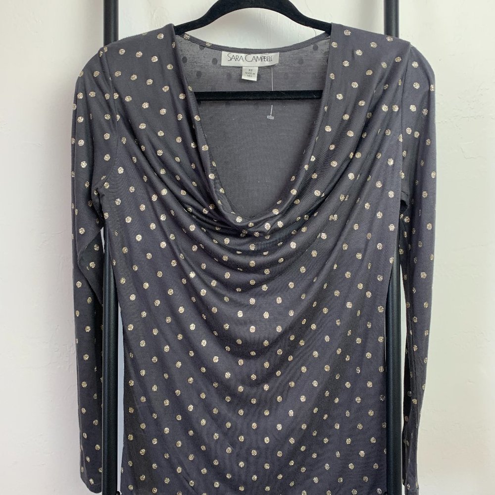 Sara Campbell top gray polka dots long sleeve cow neck size XS